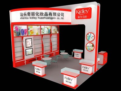 36平米展臺設(shè)計制作：三面開口/現(xiàn)代/木質(zhì)結(jié)構(gòu)/紅色，為美博會展商而作（免費使用）