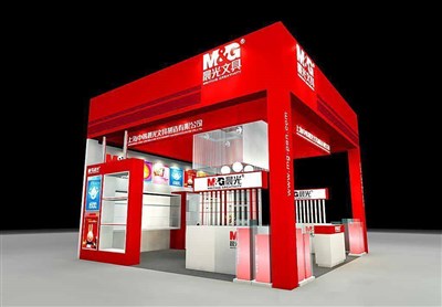 36平米展臺設(shè)計制作：三面開口/現(xiàn)代/木質(zhì)結(jié)構(gòu)/紅色，為文具圖書展展商而作（免費(fèi)使用）