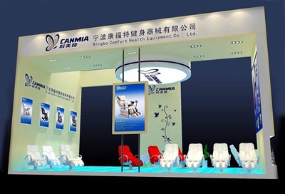 60平米展臺設(shè)計制作：三面開口/現(xiàn)代/木質(zhì)結(jié)構(gòu)/白色，為體博會展商而作（免費使用）