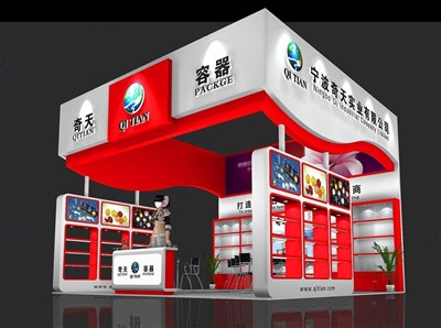 36平米展臺設(shè)計制作：三面開口/現(xiàn)代/木質(zhì)結(jié)構(gòu)/紅色，為美博會展商而作（免費使用）