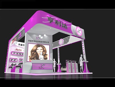 54平米展臺設(shè)計制作：三面開口/現(xiàn)代/木質(zhì)結(jié)構(gòu)/紫色，為美博會展商而作（免費使用）