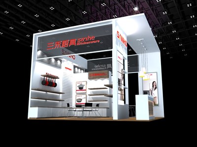 36平米展臺(tái)設(shè)計(jì)制作：二面開口/現(xiàn)代/木質(zhì)結(jié)構(gòu)/白色，為日用品展展商而作（免費(fèi)使用）