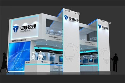 72平米展臺設計制作：二面開口/現代/木質結構/藍色，為安防展展商而作（免費使用）
