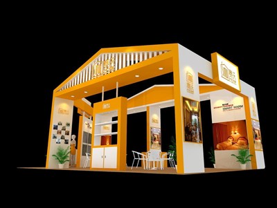60平米展臺設(shè)計(jì)制作：四面開口/現(xiàn)代/木質(zhì)結(jié)構(gòu)/黃色，為綜合展展商而作（免費(fèi)使用）