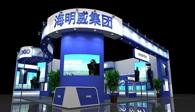 144平米展臺設(shè)計制作：二面開口/現(xiàn)代/木質(zhì)結(jié)構(gòu)/藍(lán)色，為釣具展展商而作（免費(fèi)使用）