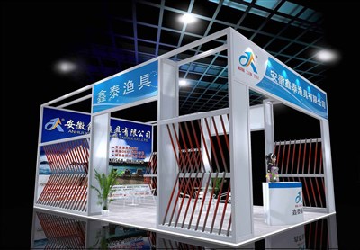 50平米展臺設計制作：三面開口/現(xiàn)代/木質結構/藍色，為釣具展展商而作（免費使用）