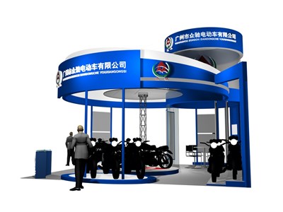 81平米展臺設計制作：四面開口/現(xiàn)代/木質結構/藍色，為單/摩托車展商而作（免費使用）