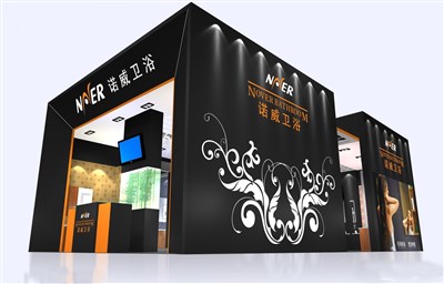 81.6平米展臺(tái)設(shè)計(jì)制作：三面開口/現(xiàn)代/木質(zhì)結(jié)構(gòu)/黑色，為衛(wèi)浴展展商而作（免費(fèi)使用）