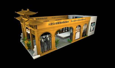 84平米展臺(tái)設(shè)計(jì)制作：三面開(kāi)口/中式/木質(zhì)結(jié)構(gòu)/黃色，為服裝展展商而作（免費(fèi)使用）