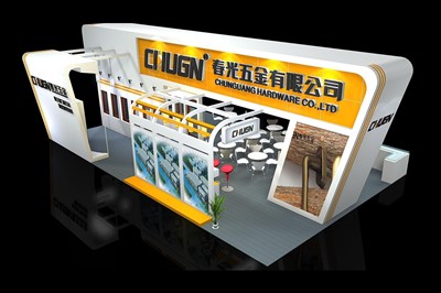 108平米展臺設計制作：四面開口/現(xiàn)代/木質(zhì)結(jié)構(gòu)/黃色，為五金展展商而作（免費使用）