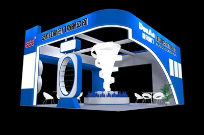 42平米展臺設計制作：四面開口/現(xiàn)代/木質(zhì)結(jié)構(gòu)/藍色，為五金展展商而作（免費使用）