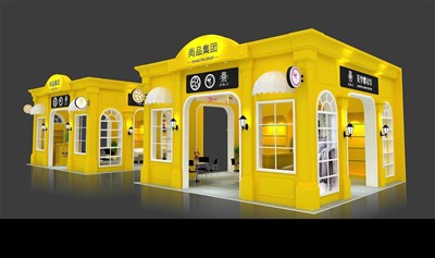 72平米展臺設計制作：四面開口/現(xiàn)代/木質結構/黃色，為紡織展展商而作（免費使用）