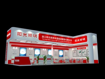 72平米展臺設(shè)計(jì)制作：二面開口/現(xiàn)代/木質(zhì)結(jié)構(gòu)/紅色，為照明展展商而作（免費(fèi)使用）