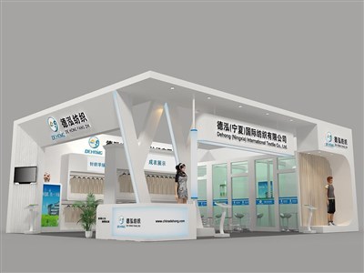 108平米展臺(tái)設(shè)計(jì)制作：二面開口/現(xiàn)代/木質(zhì)結(jié)構(gòu)/白色，為紡織展展商而作（免費(fèi)使用）
