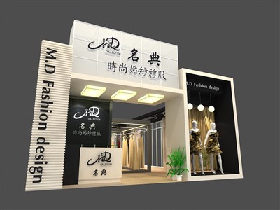 133平米展臺設(shè)計制作：一面開口/現(xiàn)代/木質(zhì)結(jié)構(gòu)/黑色，為服裝展展商而作（免費使用）