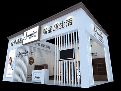 54平米展臺(tái)設(shè)計(jì)制作：二面開口/流線/木質(zhì)結(jié)構(gòu)/咖啡色，為紡織展展商而作（免費(fèi)使用）