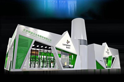 288平米展臺設計制作：二面開口/現(xiàn)代/木質(zhì)結構/綠色，為照明展展商而作（免費使用）