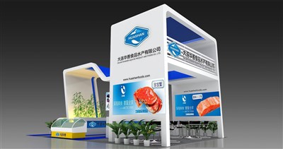 54平米展臺設(shè)計制作：四面開口/現(xiàn)代/木質(zhì)結(jié)構(gòu)/藍色，為食品展展商而作（免費使用）