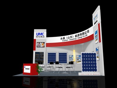 36平米展臺設(shè)計制作：二面開口/現(xiàn)代/木質(zhì)結(jié)構(gòu)/白色，為光伏展展商而作（免費使用）