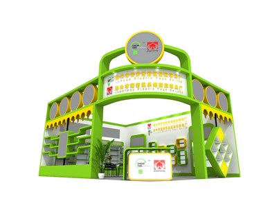 48平米展臺設計制作：一面開口/前衛(wèi)/木質結構/綠色，為玩具展展商而作（免費使用）
