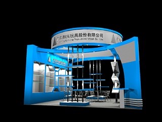 36平米展臺(tái)設(shè)計(jì)制作：二面開(kāi)口/現(xiàn)代/木質(zhì)結(jié)構(gòu)/藍(lán)色，為玩具展展商而作（免費(fèi)使用）