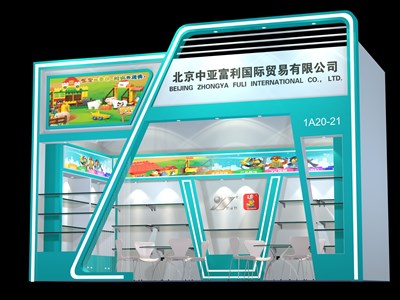 18平米展臺設計制作：一面開口/現(xiàn)代/木質結構/綠色，為玩具展展商而作（免費使用）
