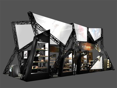 90平米展臺設(shè)計制作：二面開口/現(xiàn)代/桁架結(jié)構(gòu)/黑色，為玩具展展商而作（免費使用）