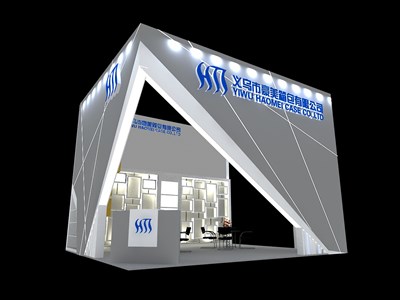 30平米展臺設(shè)計制作：二面開口/前衛(wèi)/木質(zhì)結(jié)構(gòu)/灰色，為鞋箱包展展商而作（免費(fèi)使用）