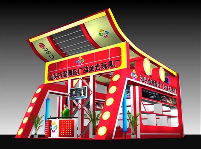 54平米展臺設計制作：一面開口/現(xiàn)代/木質結構/紅色，為玩具展展商而作（免費使用）