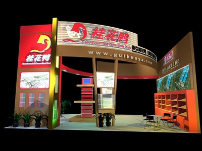 48平米展臺(tái)設(shè)計(jì)制作：二面開(kāi)口/現(xiàn)代/木質(zhì)結(jié)構(gòu)/彩色，為食品展展商而作（免費(fèi)使用）