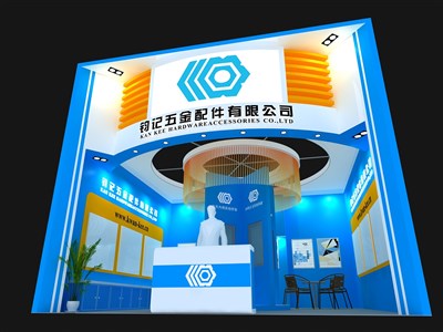 36平米展臺設(shè)計(jì)制作：一面開口/現(xiàn)代/木質(zhì)結(jié)構(gòu)/藍(lán)色，為五金展展商而作（免費(fèi)使用）