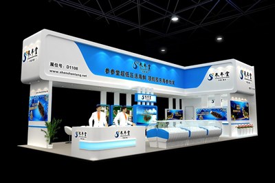 90平米展臺設計制作：三面開口/現(xiàn)代/木質(zhì)結(jié)構(gòu)/白色，為食品展展商而作（免費使用）