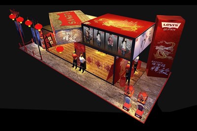 90平米展臺(tái)設(shè)計(jì)制作：二面開口/中式/木質(zhì)結(jié)構(gòu)/紅色，為服裝展展商而作（免費(fèi)使用）