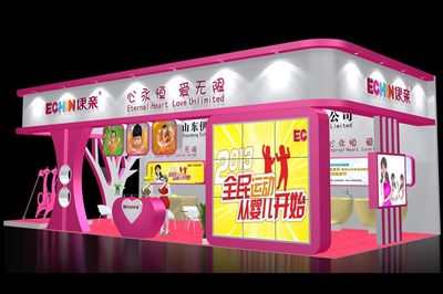 72平米展臺設(shè)計制作：三面開口/現(xiàn)代/木質(zhì)結(jié)構(gòu)/粉色，為嬰幼展展商而作（免費使用）