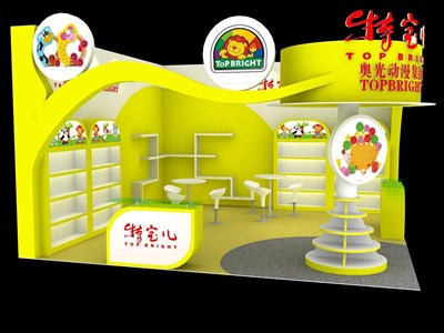36平米展臺(tái)設(shè)計(jì)制作：二面開口/現(xiàn)代/木質(zhì)結(jié)構(gòu)/黃色，為嬰幼展展商而作（免費(fèi)使用）