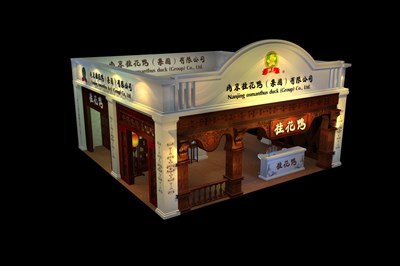 64平米展臺設(shè)計制作：二面開口/現(xiàn)代/木質(zhì)結(jié)構(gòu)/白色，為食品展展商而作（免費使用）