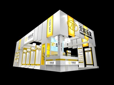 72平米展臺設計制作：三面開口/現(xiàn)代/木質結構/白色，為五金展展商而作（免費使用）