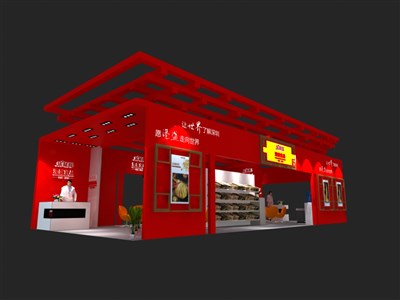 78平米展臺設計制作：四面開口/中式/木質結構/紅色，為食品展展商而作（免費使用）