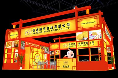 90平米展臺設(shè)計制作：三面開口/中式/木質(zhì)結(jié)構(gòu)/紅色，為食品展展商而作（免費(fèi)使用）