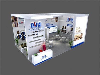 54平米展臺設(shè)計(jì)制作：二面開口/現(xiàn)代/木質(zhì)結(jié)構(gòu)/白色，為五金展展商而作（免費(fèi)使用）