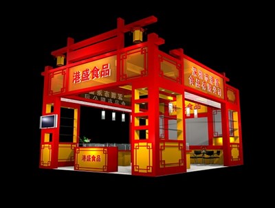 48平米展臺設(shè)計制作：三面開口/中式/木質(zhì)結(jié)構(gòu)/紅色，為食品展展商而作（免費使用）