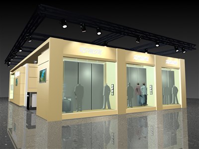 228平米展臺設(shè)計制作：二面開口/現(xiàn)代/木質(zhì)結(jié)構(gòu)/米色，為服裝展展商而作（免費使用）