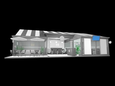 72平米展臺設(shè)計制作：一面開口/現(xiàn)代/木質(zhì)結(jié)構(gòu)/灰色，為食品展展商而作（免費使用）