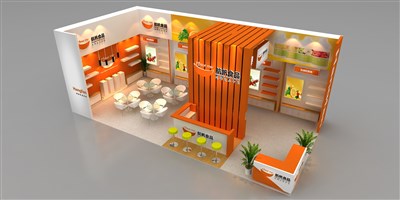 72平米展臺(tái)設(shè)計(jì)制作：二面開(kāi)口/現(xiàn)代/木質(zhì)結(jié)構(gòu)/橙色，為食品展展商而作（免費(fèi)使用）