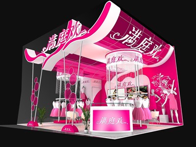 42平米展臺設(shè)計制作：二面開口/現(xiàn)代/木質(zhì)結(jié)構(gòu)/粉色，為服裝展展商而作（免費使用）