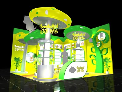 36平米展臺設(shè)計(jì)制作：二面開口/卡通/木質(zhì)結(jié)構(gòu)/黃色，為嬰幼展展商而作（免費(fèi)使用）