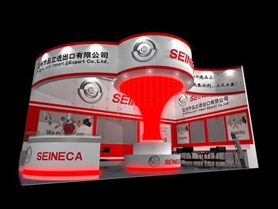 36平米展臺設(shè)計制作：二面開口/現(xiàn)代/木質(zhì)結(jié)構(gòu)/紅色，為汽配展展商而作（免費使用）