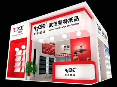 36平米展臺設(shè)計制作：二面開口/現(xiàn)代/木質(zhì)結(jié)構(gòu)/紅色，為文具圖書展展商而作（免費(fèi)使用）