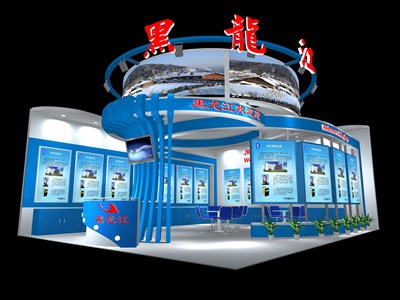 63平米展臺設計制作：二面開口/前衛(wèi)/木質(zhì)結(jié)構(gòu)/藍色，為成就招商展展商而作（免費使用）