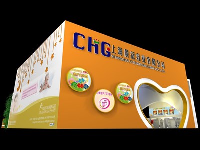 180平米展臺設計制作：二面開口/現(xiàn)代/木質(zhì)結構/黃色，為嬰幼展展商而作（免費使用）